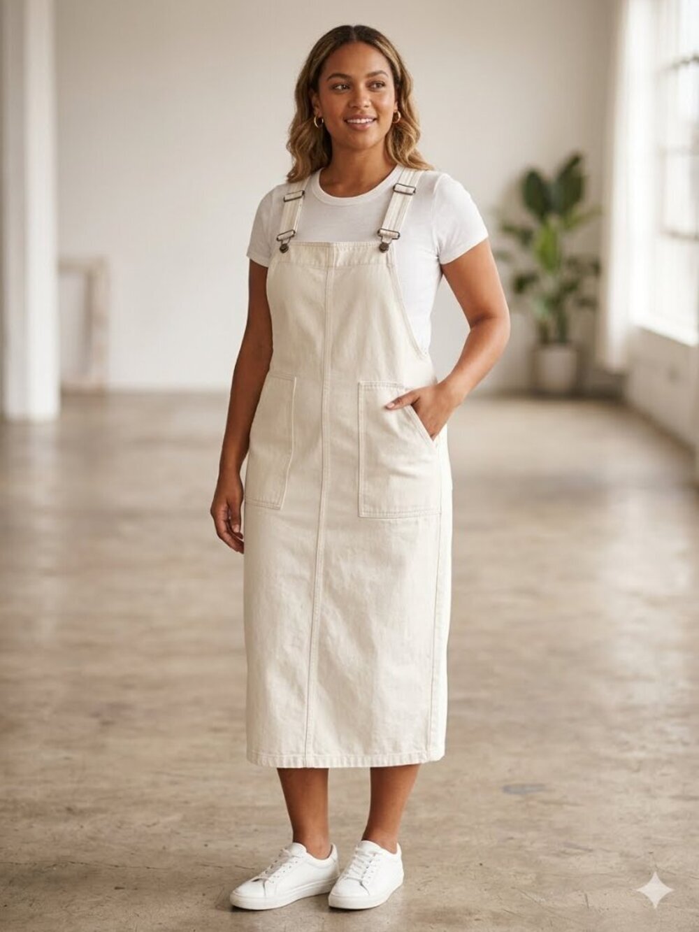 EU Zara TRF Cream Denim Overall Pinafore Midi Dress - Picture 16 of 16